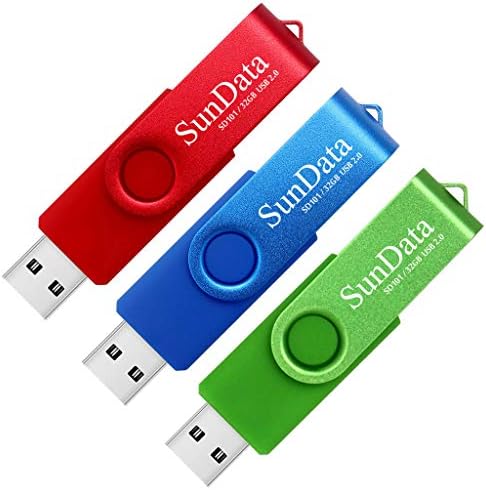 SunData 32GB Memory Stick 5 Pack USB 2.0 Flash Drive Swivel Design Thumb Drives USB Stick Pen Drive for Data Storage with LED Light (5 Colors: Black Blue Green Red Gold)