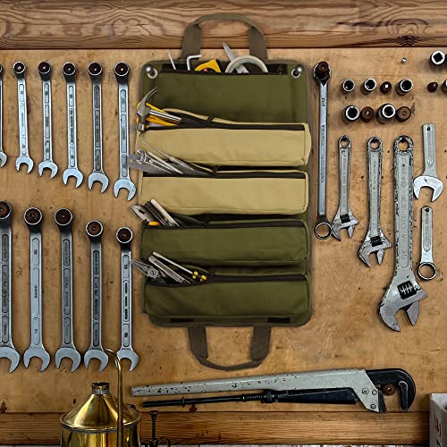 Tool Roll Organizer, Roll Up Tool Bag With Detachable Pouches, Heavy Duty Tool Organizers With 6 Tool Pouches - Tool Roll Pouch For Mechanic, Electrician & Hobbyist (Khaki+Green) #TOP2