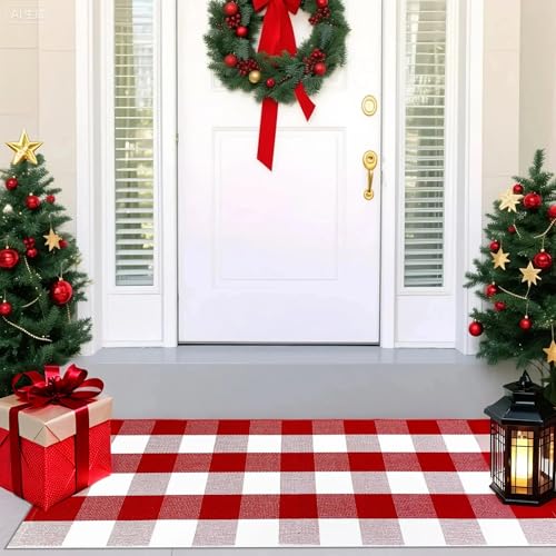 USTIDE Cotton Buffalo Plaid Rug Red&White Check Rugs 23.6"X51" Hand-Woven Indoor or Outdoor Rugs for Layered Door Mats Washable Carpet for Front Porch/Kitchen/Farmhouse/Entryway