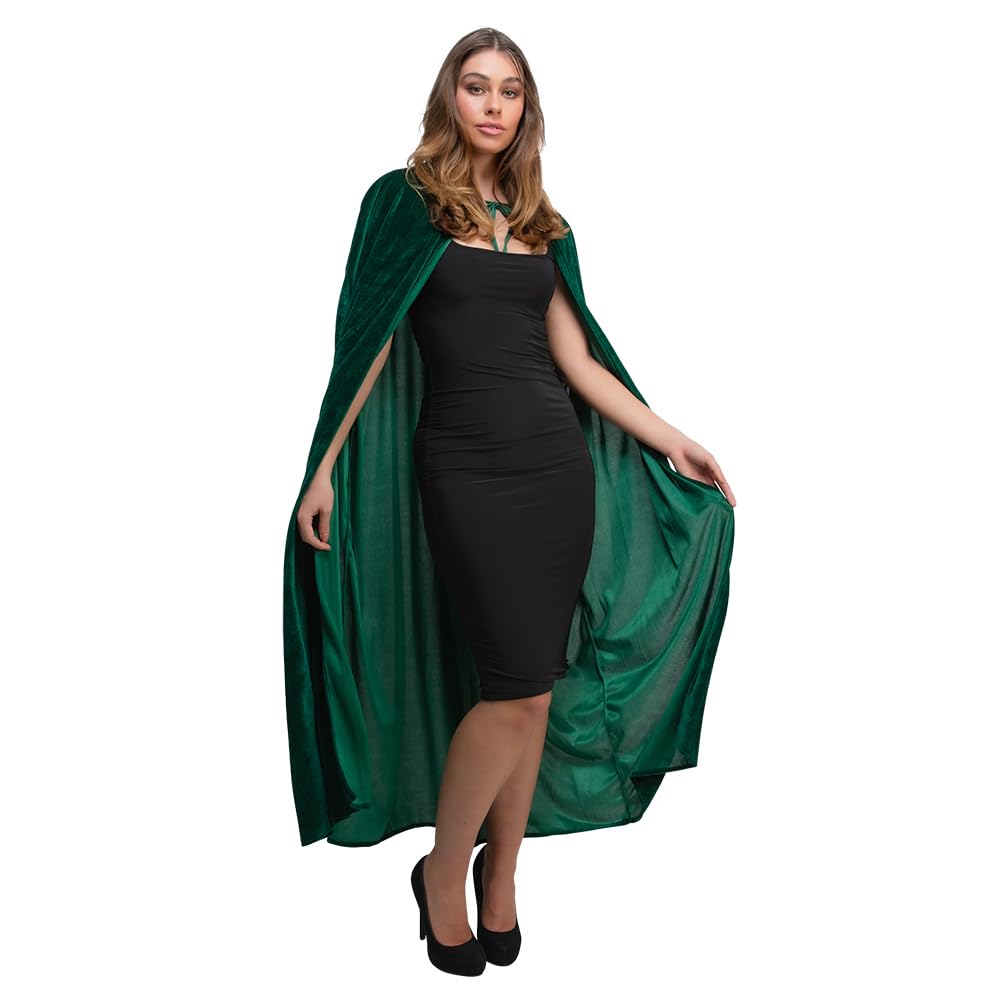 Jokeshop Unisex Green Long Velvet Hooded Cloak Cape Vampire Witch Halloween Christmas Fancy Dress Adults Cape's (Green)