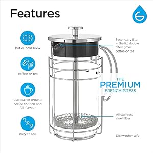 GROSCHE Madrid French Press Coffee maker with Bonus REPLACEMENT GLASS BEAKER for French Press1000 ml 34 floz French Press coffee maker bundle