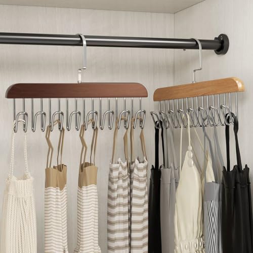 Wooden Hangers, 2 PCS Multifunctional High Load-Bearing Rust Resistant Space Saving Belt Hanger with 8 Hooks,360 ° Rotating Top Hook Wear-Resistant Without Nails Tie Rack for Ties Scarves Belts，Beige - image 4
