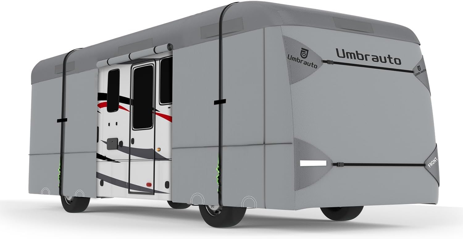 Umbrauto Class A RV Cover Fits 31'-34': Waterproof Lightweight Class A Motorhome Cover,Winter Campsite, with 3 Extra Windproof Long Straps, Gutter Covers