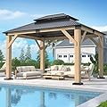 GARTOO 10' x 12' Outdoor Wooden Gazebo - Patio Hardtop Gazebo Permanent Wooden Pavilion with Galvanized Steel Double Roof, Cedar Wood Gazebos for Garden, Lawn, Poolside, Backyard Deck