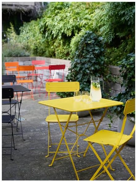 Folding Metal Bistro Table – Square Outdoor Patio Dining Table – Compact, Foldable Steel Table for Balcony, Garden, Deck, or Café-Style Seating – Bright Yellow, 25.63 x 25.63 x 28 Inch