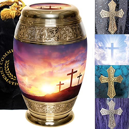Urnas cruzadas al atardecer para cenizas humanas adultas y mujeres, urnas grandes, XL o pequeñas para cenizas humanas y urnas para cenizas adultas macho para hogar o entierro urna religiosa Cover
