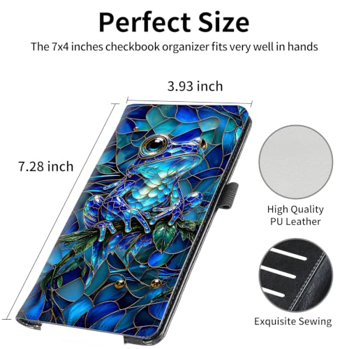 Image of FUYOCWE Stained Glass Blue Frog Checkbook Cover for Men & Women | RFID Blocking Vegan Leather Checkbook Case Card Holder for Personal and Business Checks with Pen Holder & Elastic Band