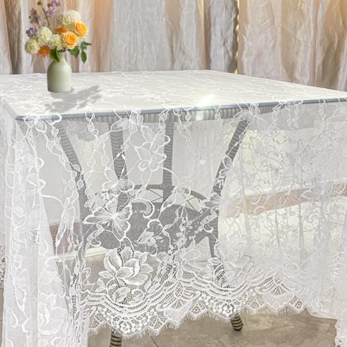 Ziweidue White Lace Tablecloth - 60 x 120 Inches - Rectangle Vintage Embroidered Table Cover for Spring Weddings, Parties, Home Decor, and Outdoor Fall Events