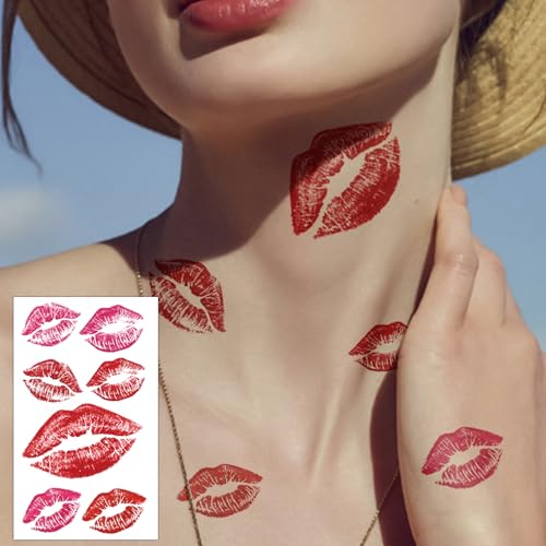 Image of 12 Sheets Red Kiss Temporary Tattoo Stickers, Red Lip Tattoo Heart Print Kiss Face Tattoos, Waterproof Black Lip Mark Temporary Tattoo for Valentine's Day Costume Accessories Birthday Party Decoration