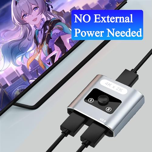HDMI Switch Splitter 4K@60Hz, Aluminum Bi-Directional HDMI 2.0 Switcher, HDMI Splitter 1 in 2 Out/ 2 in 1 Out, Support 4K 3D HDR for Xbox, PS5/4/3, Fire Stick, Roku, HDTV, Projector, Computer (Gray)
