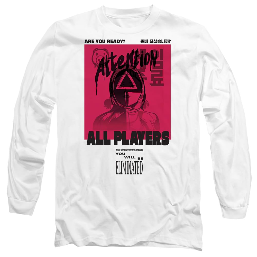 Squid Game Attention Guard Unisex Long Sleeve T Shirt, White, Small