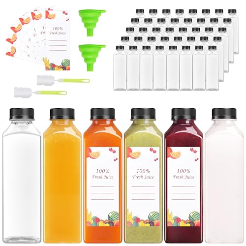 OBKJJ 56pcs 16oz Pcs Juice Bottles, Juice Bottle with Caps Reusable Empty Clear Bottles with Label, Funnel, Brush Bulk Beverage Containers for Juicing, Drinking, Smoothie and Other Beverages (16oz)