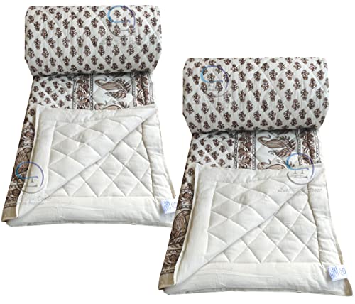 Image of Jaipuri Razai Single Bed Gold Print with Computerized Quilting Use as Soft and Breathable Cotton Comforter Quilt Rajai Blanket Dohar Size 55X85 inch Off White (Cream) Pack of 2