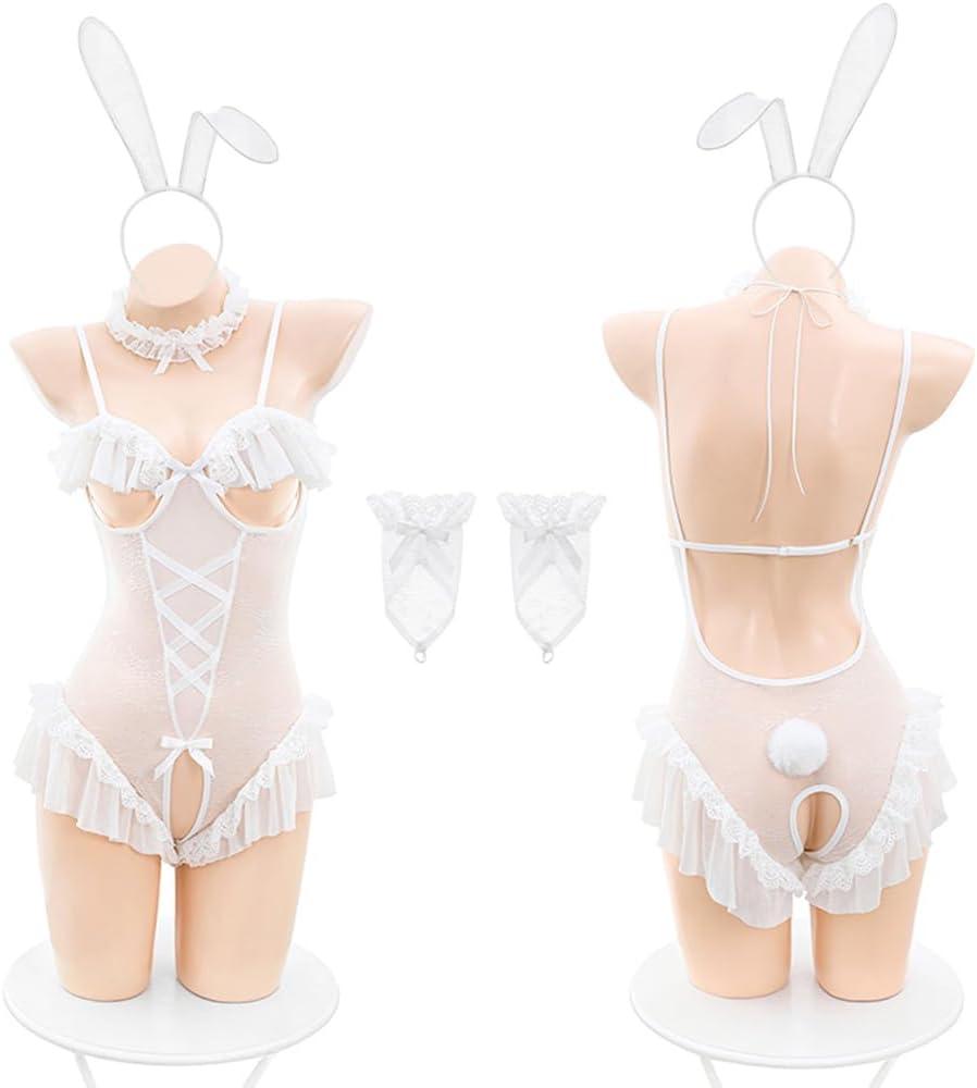 sexy bunny lingerie for women outfit costume Cosplay Maid playboy Underwear Lace Plush cute Perspective Girl Outfits Anime One Piece Bodysuit Babydoll Roleplay Rabbit ears Christmas white - Image 6