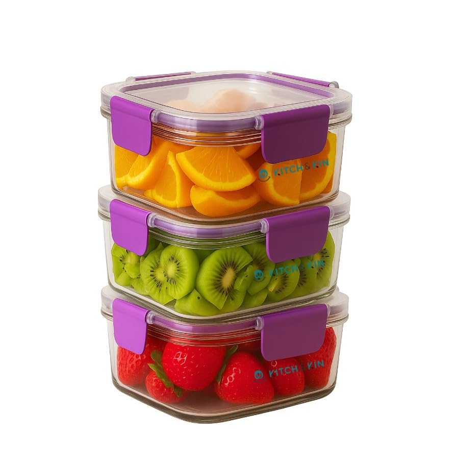 Airtight Food Storage Containers with Lids for Kitchen, BPA Free Plastic Fridge Storage Containers, Stackable Leakproof Snack Storage Containers, Microwave Freezer Safe, Pack of 3 (1000 ml)