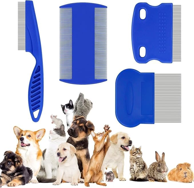 Image of Lice Removal Comb, 7-Piece Flea Comb Set with Red Light Tips, Blue Long Needle Design for Efficient Lice Removal, Complete 5-Piece Kit with Blue Handles for Pet Grooming and Hair Care