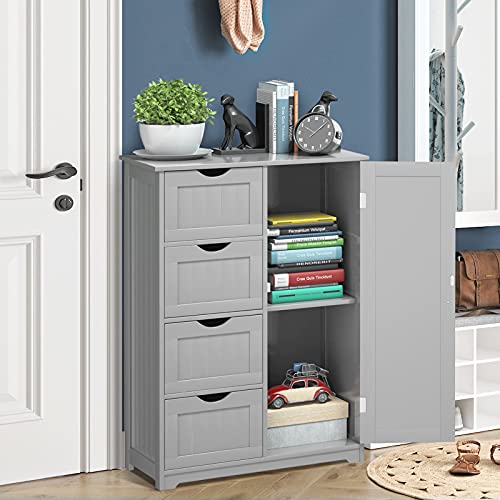 Tangkula Bathroom Floor Cabinet, Free Standing Storage Cabinet With 4 Drawers & Single Door, Adjustable Shelf, Multipurpose Storage Organizer For Home Office, 22 X 12 X 32 Inches (Grey) #TOP3