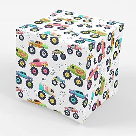 Monster Truck Party Birthday Gift Wrap Paper Folded Flat 30 x 20 Inch, 3 Sheets Cover