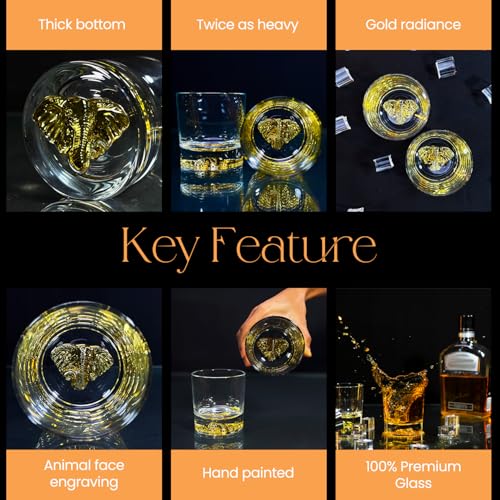 Image of Melbify Gold Elephant Whiskey Glass Gift Set | 4 Pc Set | 300 ml | Ultra Premium | Gold-Bottomed | Imported | Luxurious | Ideal for Wedding Gifts, Anniversary, VIP and Corporate Gifts