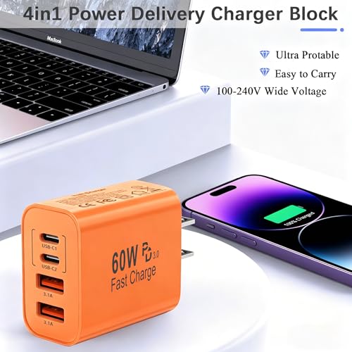 Image of 60W USB C Charger Block,2Pack 4-Port GaN USB C Charger Fast Charging Wall Plug Dual Type C+Dual USB-A Port Multiport Power Adapter Cube for iPhone 17 Pro Max /16 /15 /14 /13 /12 /11,iPad Pro /Air /Mini-Orange