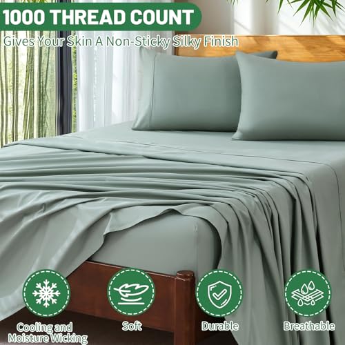 Image of Extra Deep Pocket King Sheets 18-24 Inch 100% Egyptian Cotton 1000 Thread Count Sateen Weave Soft Breathable 4 Pieces(King,Sage Green)