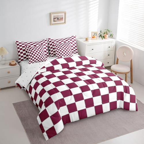 Image of Erosebridal Burgundy Check Plaid Queen Comforter Set with Sheets 7 Piece White Red Checkerboard Bedding Set,Checkered Grid Bed in A Bag for Kids Teen Adults Aesthetic Geometric Bed Set
