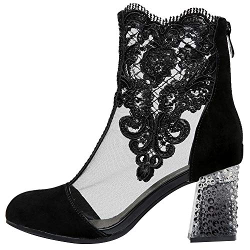 ANUFER Women Breathable Lace Peep Toe/Closed Toe Block Kitten Heel Summer Sandal Booties Dress Pumps Shoes2