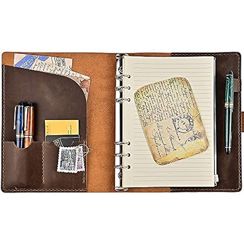 Leather Notebook Refillable - 9" x 7.5" inch A5 Leather Writing Journal with Lined,Handmade Vintage 6 Ring Binder Travel Journal Diary Organizer with Pocket and for Men|Women|Work|Gift-Brown Adult Cover