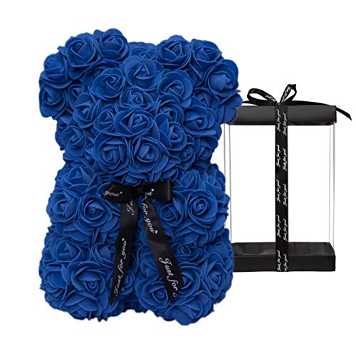 DuHouse Rose Bear Rose Teddy Bear Flower Gift Black Box for Valentines Gifts Anniversary Christmas Birthdays Bridal Showers -Fully Handmade 10 inch Flower Bear Clear Gift Box (Royal Blue)