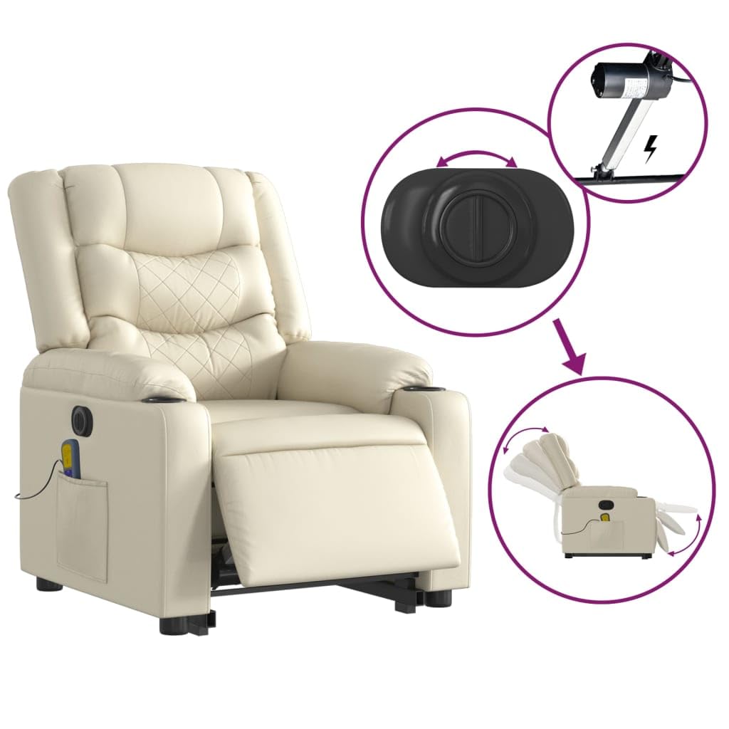 Sillón de masaje eléctrico con ayuda para levantarse de piel sintética, color crema con 6 puntos de vibración, función reclinable eléctrica, reposabrazos, respaldo, ideal para salón y rincón