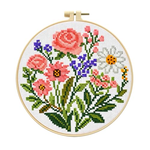 Image of Zhenqing Pink Floral Bouquet Cross Stitch Kit for Beginners - 11CT 24x24cm Pre-Printed Pattern with Embroidery Hoop, Threads & Tools(70517)
