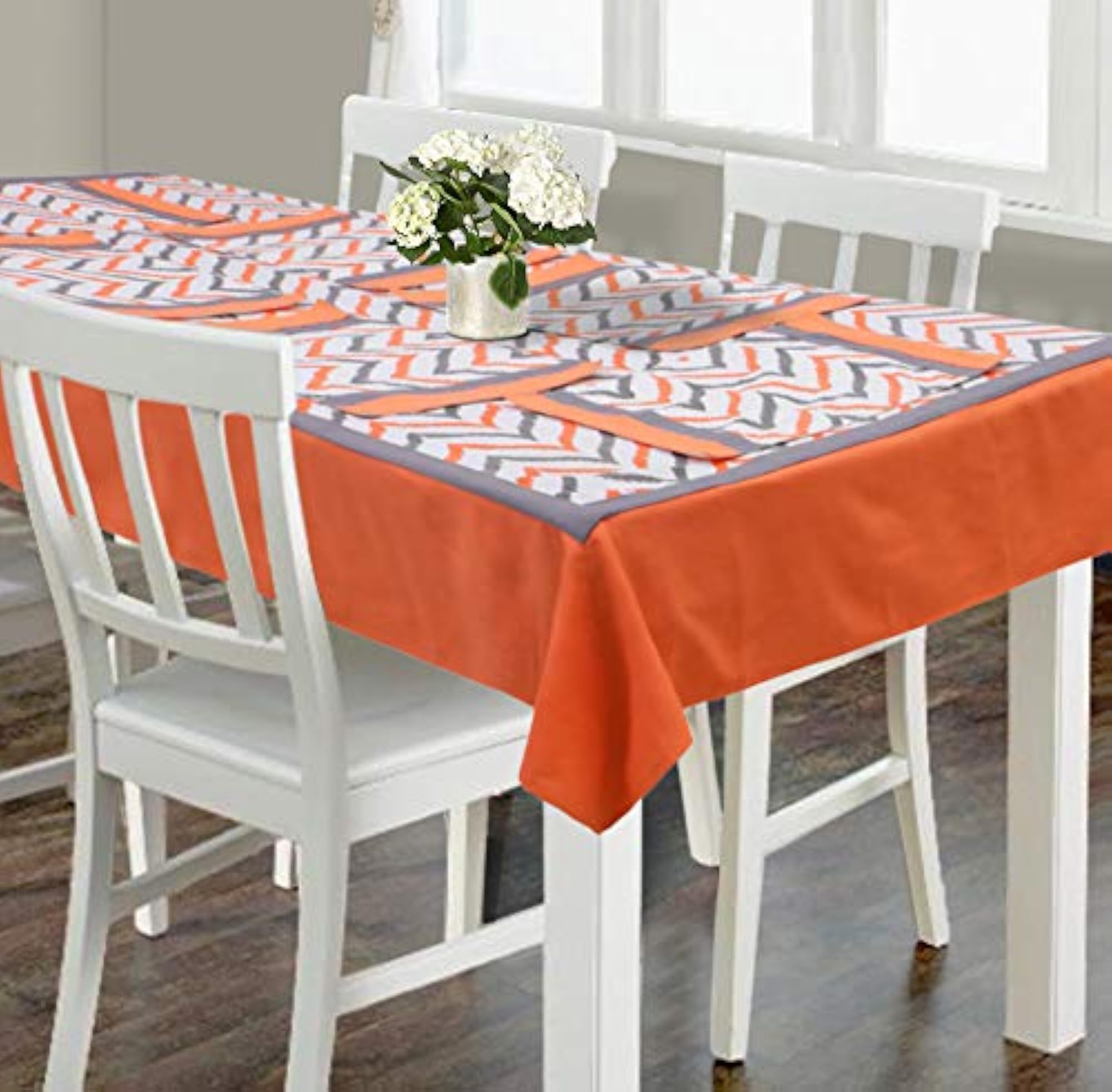Cotton Printed Orange Double Ikat Collection Table Cover with 4 Place Mats