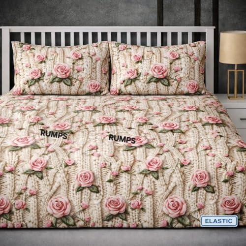 Image of RUMPS 380 TC Premium Heavy Cotton 7D Print Fast Colour Feel Elastic Fitted Floral Bedsheet King Size with 2 Pillow Covers || (NEW Coffer Flower, Fitted Queen-60x78)