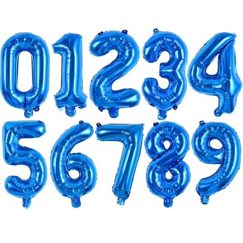 Image of TONIFUL Number Balloon 16 Inch 10 Pcs Blue 0-9 Birthday Number Balloons | Small Custom Digital Mylar Foil Ballons for Boy's Birthday Engagement Graduation Anniversary Baby Shower Party Decorations