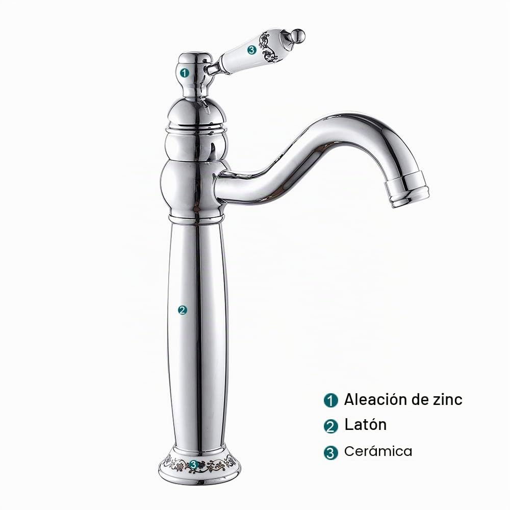 Mezclador de lavabo clásico vintage grifo alto monomando de cerámica floral para lavabo de baño (alto, plata)