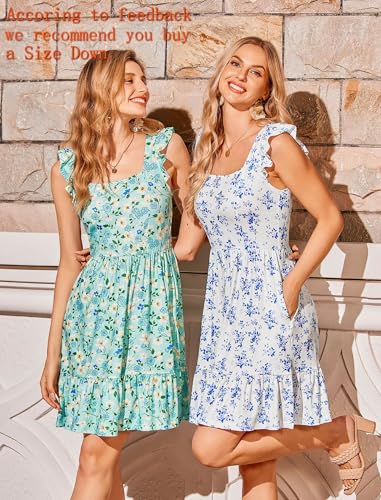 Zeagoo Womens Summer Dress Casual Ruffle Tiered Floral Square Neck Sundresses Beach Boho Mini A-line Dress 2025 with Pockets2