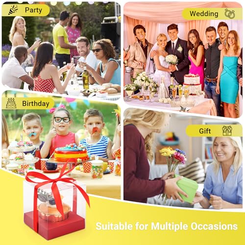 EUSOAR Disposable Clear Cupcake Holder, 12pcs 3.5 Inch Plastic Red Individual Cupcake Carrier with Ribbon, Single Transparent Display Clear Cupcake Wrappers for Wedding Birthday Favor Party - Thumbnail 7