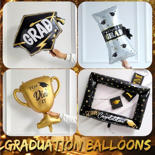 Image of 135Pcs Black Gold White Graduation Balloon Garland Arch Kit,with Explosion Star,Diploma,Trophy,Grad Hat,Photo Frame Foil Balloons for Congrats Class of 2026 Graduates Celebrations Party Decoration