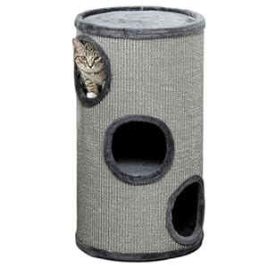 PawHut Kratztonne 70 cm Hoch Ø 38 cm dreistöckige Katzentonne mit Plüschrand, Katzenhöhle, Kratzbaum für kleine Katzen, Hellgrau