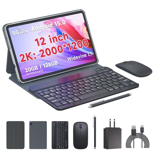 PEICHENG Tablet 12' Android15.0, Tab Set with Case/Keyboard/Mouse/Stylus, Octa-core RAM 20GB(6GB+14GB Expand)+ROM 128GB IPS 2000x1200 Screen 5MP+13MP Dural Cameras, 8000mAh Battery (T30 MAX)