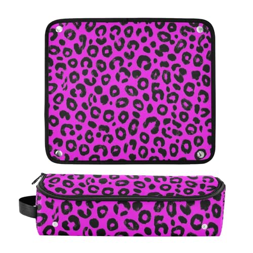 Estuche de viaje 2-en-1 para rizador y alfombrilla resistente al calor impermeable, color leopardo púrpura violeta para herramientas de cabello miniatura 3