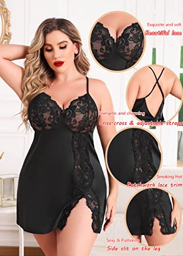 Avidlove Plus Size Lingerie For Women Sexy Satin Nightgown Lace Babydoll Side Slit Strappy Chemise Nightwear2