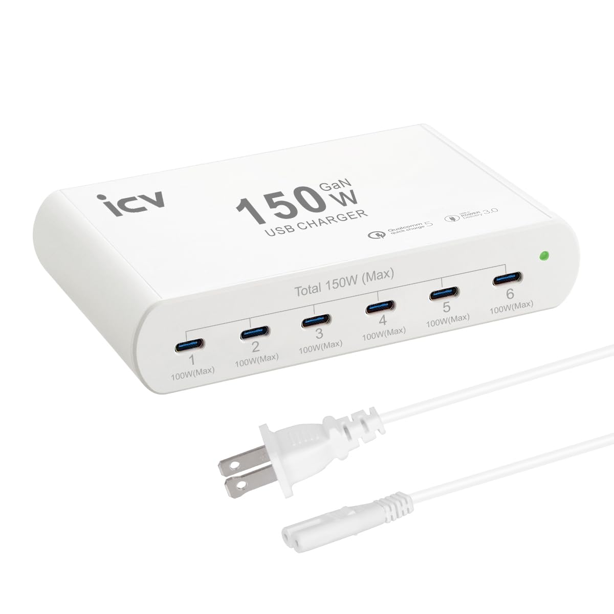 icv Stazione di ricarica rapida USB C da 150 W PD per più dispositivi, 6 porte GaN 100 W tipo C, stazione di ricarica rapida USB multiporta per MacBook, iPhone, Samsung, Galaxy, iPad, Android, bianco