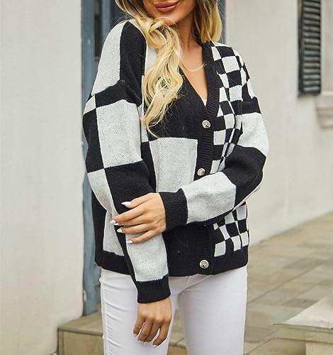 Image of Womens Color Block Plaid Button Down Cardigan Long Sleeve Cable Knit Checkered Sweaters Tops Y2k Aesthetic Clothes