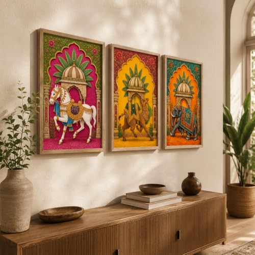 Image of Livin'luxe Set of 3 Royal Animal Palace Wall Paintings for Living Room Bedroom Hallway Decor with Premium Wooden Color Synthetic Frame (13.5 x 19.5 Inch) NM03-98