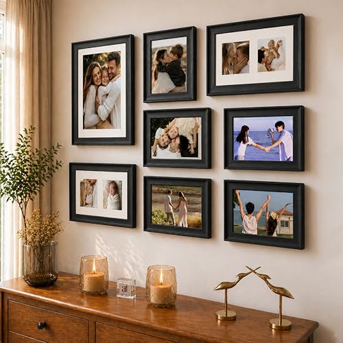 Image of Wooden Wall Collage Photo Frame Set of 8 for Wall Decor, Mixed Size Picture Frames for Family Photos, Gallery Wall Frame Set with Premium Finish for Living Room, Bedroom & Home Decoration (Black)