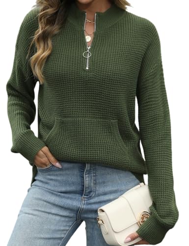 VIMPUNEC Womens 2025 Fall Quarter Zip Pullover Sweater Waffle Knit Mock Neck Tops Long Sleeve Casual Outfits