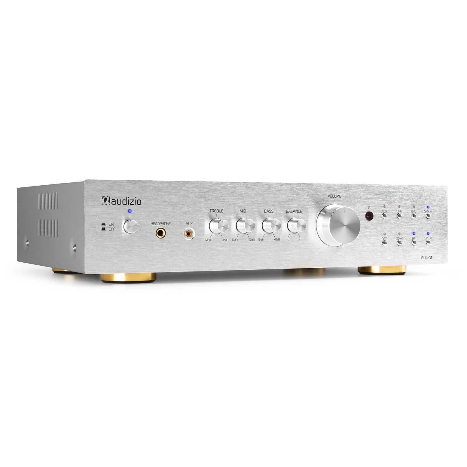 Audizio AD420A Amplificador Hi-FI de 400w (4 Canales x 100w) y Bluetooth, 1 Salida subwoofer, Salida óptica y coaxial, 2 Salidas de Altavoz, MP3, EQ, Ideal para Escuchar tu música, Color Aluminio