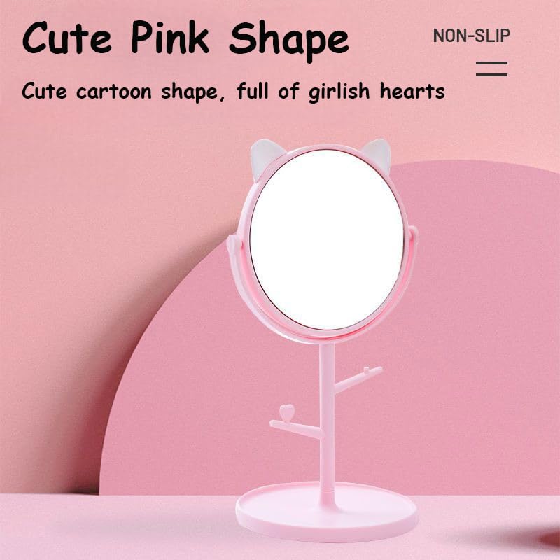 Image of Makeup Mirror, Fashionable Cute Desktop Makeup Mirror, Household Rotatable Cosmetic Mirror with Tray, Tabletop Vanity Mirror for Travel, Bathroom, Bedroom (Pink)