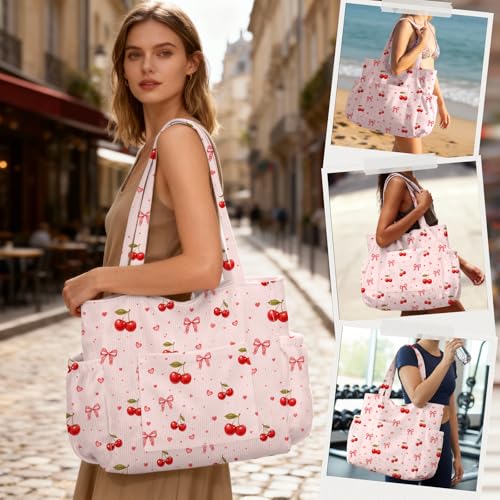 hatisan Cherry Bow Corduroy Tote Bag for Women, Cute Coquette Shoulder Bag - image 2